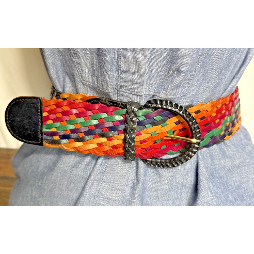 Vintage Colorful Braided Belt Rainbow Size L Genuine Leather Wide Funky Artsy